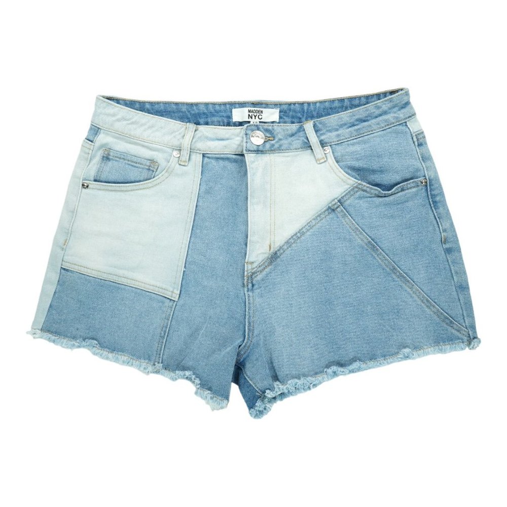 Madden NYC Patchwork High Rise Denim Shorts Women Jr Size 13 Y2K Raw Hem Stretch